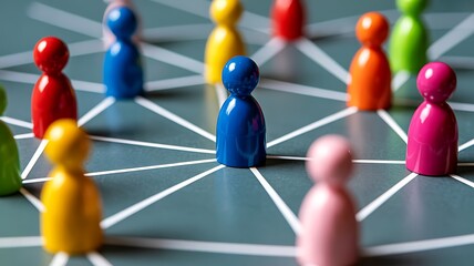 Colorful wooden figures connected by lines representing social network, teamwork, leadership, and community connection
