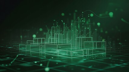 Abstract 3D green city skyline with financial data charts, digital investment and economy growth concept
