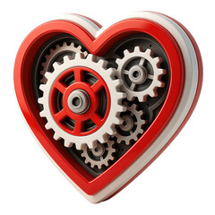 Red Gear Heart with Transparent Background, 3D Realism Design Element