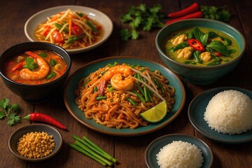 Authentic Thai Meal Featuring Pad Thai Green Curry Tom Yum Soup and Jasmine Rice with Fresh Herbs and Chili Garnish