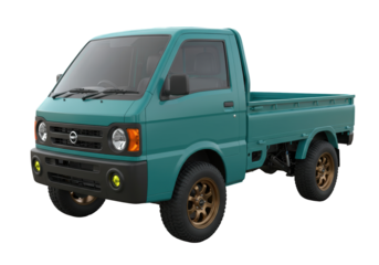 Isolated teal-colored mini truck for farm or garden use, 4x4 with all-terrain tires upgrade