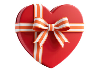 Red Heart-Shaped Box with Orange and White Ribbon, Glossy 3D Realism Design Element on Transparent Background