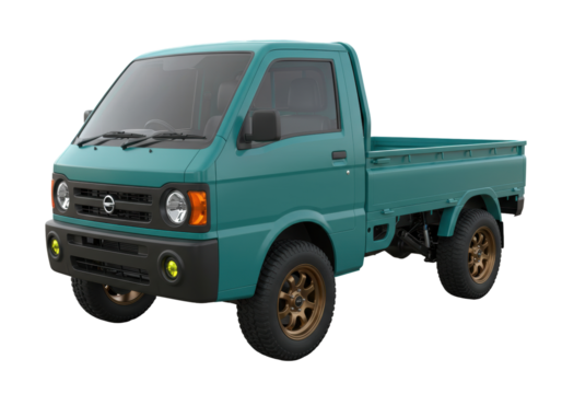 Isolated teal-colored mini truck for farm or garden use, 4x4 with all-terrain tires upgrade