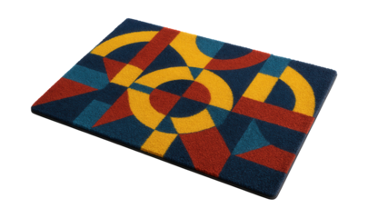 A vibrant polyester doormat with a geometric design, perfect for a modern loft entrance.
