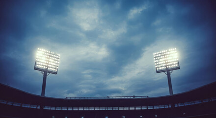 "Stormy Stadium Scene: Floodlights Blaze Against Dark Clouds in Dramatic Pre-Game Atmosphere"