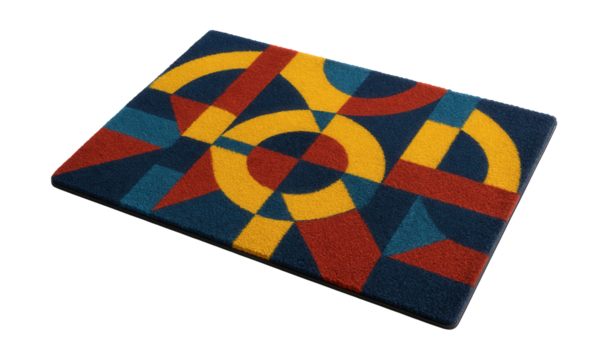 A vibrant polyester doormat with a geometric design, perfect for a modern loft entrance.