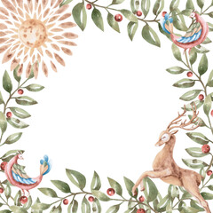 A square frame with a sun, fairytale flying birds, and a deer. Isolated watercolor illustration in a folk style for home textiles, interiors, posters, and invitations.