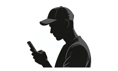 Silhouetted Man with Phone, Black and White Cutout Design Element with Transparent Background