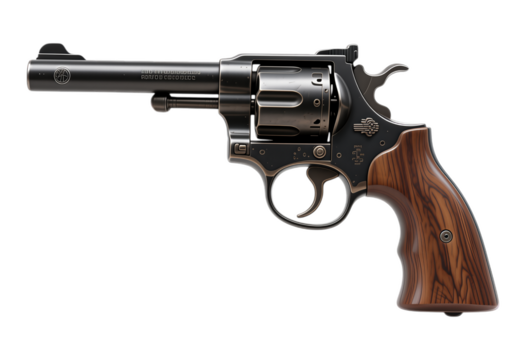 Silver Revolver with Wooden Grips on Transparent Background, 3D Realism Graphic for Web Design