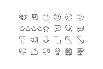 Feedback and review line icon set. Star rating, customer satisfaction emoticons, like and dislike. Business agreement handshake. Survey, opinion, and quality test symbols. UI elements.