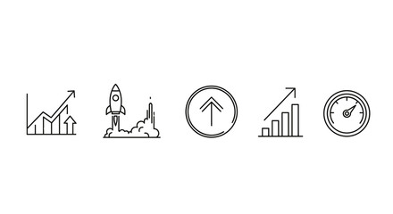 Business growth line icons set. Financial progress chart. Rocket launch for startup. Performance speedometer. Investment success graph. Upward arrow. Boost, speed, development vector.