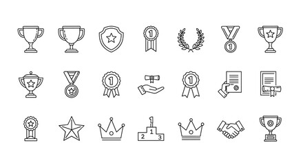 Achievement and Success Vector Icons Set with Trophies, Medals, Badges, Stars, Crowns, Certificates, Handshake, and Podium. Award and Victory Outline Symbols