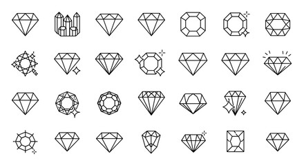 Diamond line icons vector set. Gemstone, crystal, jewel graphic elements. Various gem cuts and shapes. Brilliant, emerald cut. Sparkle, shine, glitter. Luxury, wealth, fashion concept.