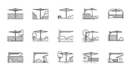 Patio umbrella and pergola line icon set. Outdoor terrace, garden, and backyard sunshade collection. Vector graphic of summer relaxation furniture and exterior design elements.