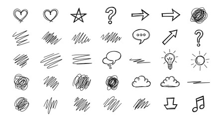 Hand drawn doodle sketch set. Vector illustration of tangled scribble, arrow, heart, star, question mark, speech bubble, light bulb idea, cloud. Brainstorming, creativity concept.