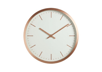 Modern copper wall clock isolated on white, minimalist timekeeping device for home decor and office use PNG