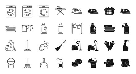 Cleaning and laundry icon set. Housework and chore symbols. Washing machine, vacuum cleaner, iron, broom, detergent. Vector line and glyph icons for web and mobile design.