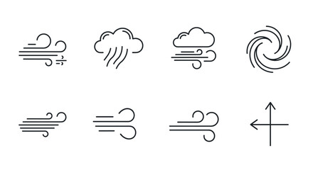 Wind icon set. Weather symbols collection. Windy, breeze, and air flow line icons. Blowing gust, storm, and hurricane pictogram. Meteorology forecast graphic elements. Climate signs.