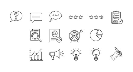 Business analysis and marketing strategy vector line icon set. Icons for customer feedback, survey, data research, performance review, target goal, and creative idea concept.