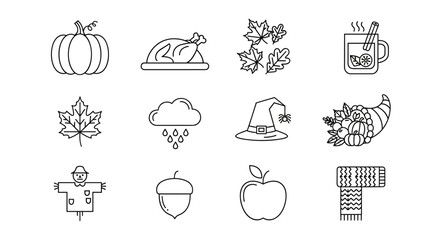Autumn Fall icon set. Thanksgiving and Halloween thin line icons. Vector symbols of pumpkin, roast turkey, maple leaf, cornucopia, witch hat, scarecrow, apple, acorn.