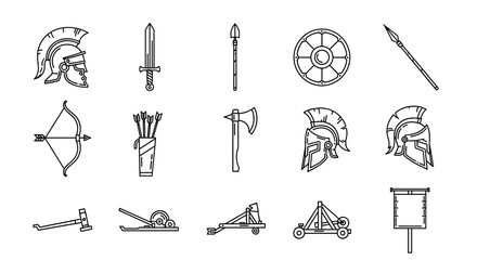 Ancient Rome and Greece weapons and armor icon set. Collection of roman legionary and spartan soldier equipment. Line art vector of helmet, sword, shield, catapult, bow.