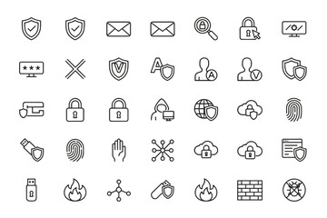 Cyber security line icon set. Internet data protection, online privacy, and network safety concepts. Includes shield, password, lock, cloud, fingerprint, firewall, and antivirus.