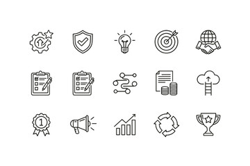 Business strategy and success line icon set. Vector icons for growth, achievement, and development. Includes goal, award, marketing, finance, idea, and workflow symbols.
