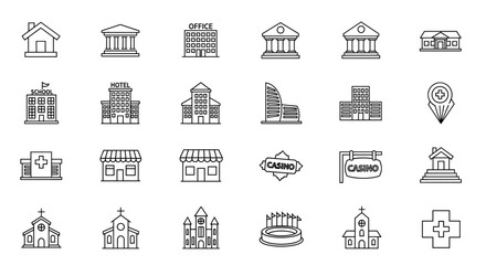 Building icon set thin line art style. Vector collection of urban architecture pictograms. Includes school, hotel, hospital, office, home, church, and casino symbols.