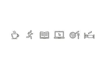 Daily routine linear icons set. Healthy lifestyle and work-life balance concept. Morning coffee, run, study, work, food, sleep. Time management and daily schedule vector.