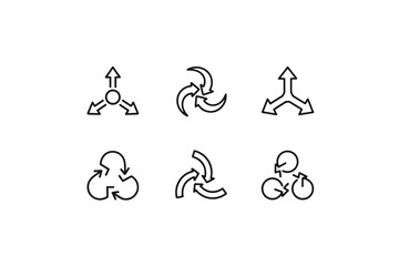 Collection of three-arrow vector line icons. Set includes symbols for recycling, workflow, process, and direction. Concepts for circular motion, choice, splitting paths, and distribution.