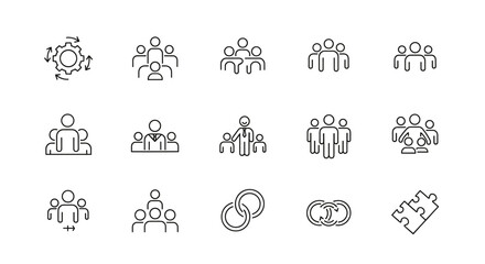 Teamwork and collaboration line icon set. Business concepts of group management, corporate partnership, and human resources. People, organization, process and puzzle icons.
