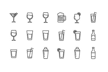 Drink and beverage line icon set. Vector alcohol, cocktail, wine, beer glass, bottle, and shaker symbols. Minimalist outline illustration for bar menu, party, and restaurant.