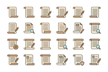 Document icon set. Paper scroll, parchment, contract vector symbols. History, law, agreement, treaty, research, certificate. Quill pen, magnifying glass, secure shield icon.