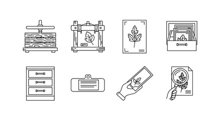 Herbarium creation process outline icon set. Plant press for drying flowers & leaves. Botanical specimen collection for botany science research or hobby. Dried plant archive.
