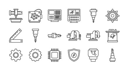 Industrial tools and machinery vector icons set. CNC machines, drill bits, gears, microchip, measuring tools, vices for manufacturing, engineering, assembly, and mechanical work concept