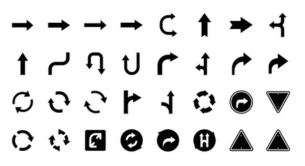 Vector arrow icon set. Collection of black direction signs and symbols. Navigation pointers for web and app. Straight, curved, circle, u-turn, refresh and reload arrows.