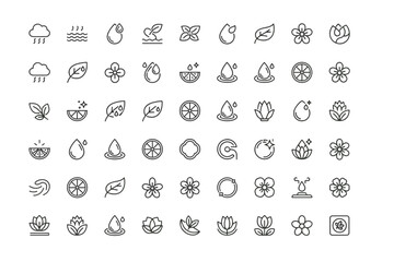 Minimalist natural elements icon set with water droplets, leaves, flowers, citrus slices, rain, and abstract plant symbols for environmental and wellness design
