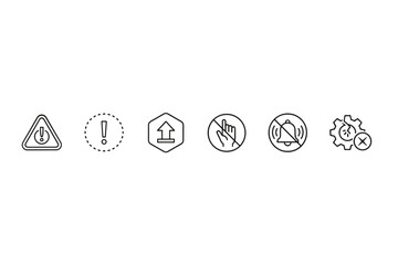 Minimalist outline safety and alert icons set including warning sign, exclamation mark, upload symbol, no touch gesture, silent notification, and broken settings gears for user interface design