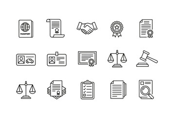 Law and justice line icon set. Legal document, passport, ID card, certificate, and court symbols. Vector collection for notary, agreement, contract, and identity verification.