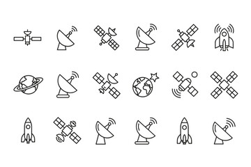 Vector line icon set of space technology. Satellite, sputnik, rocket, dish antenna, and planet symbols. For communication, broadcast, exploration, cosmos, and astronomy concepts.