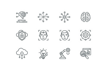 Artificial intelligence line icon set. Vector symbols for AI, machine learning, neural networks, data analysis, robotics, automation, facial recognition, and cloud computing.
