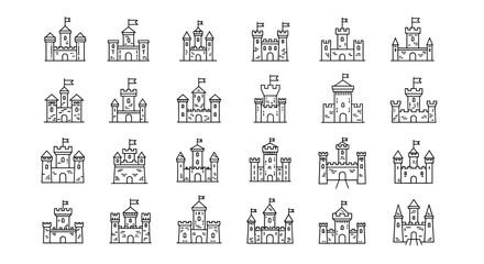Castle line icon set. Medieval fortress and palace collection. Simple outline vector illustration of fairytale kingdom architecture. Historic stronghold and tower symbols.