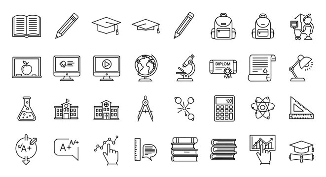 Education and science thin line icon set. School, university, study symbols. E-learning, knowledge, graduation vector icons. Outline pictogram collection for web and apps. - Powered by Adobe