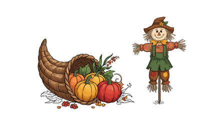 Vector set of cartoon autumn harvest elements. Cute scarecrow and cornucopia horn of plenty with pumpkins. Isolated fall icons for Thanksgiving, greeting card, or banner.