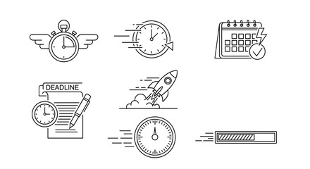 Time management, speed, and deadline linear icons. Fast delivery, project launch, efficiency, and productivity concepts. Vector symbols: stopwatch, rocket, calendar, timer.