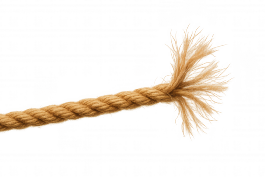 Fraying rope showing concept of stress, weakness, danger, and breaking point on transparent background