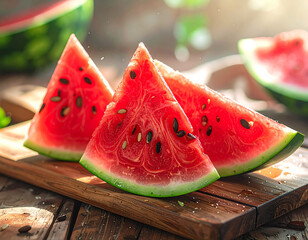 Fresh watermelon slices on a wooden cutting board, ready to eat