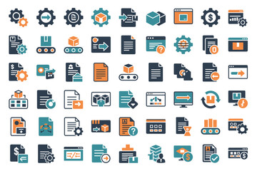 Processing and automation icons set. Workflow management, document flow, data transfer, logistics, file settings. Business process, technology, delivery vector symbols.