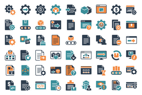 Processing and automation icons set. Workflow management, document flow, data transfer, logistics, file settings. Business process, technology, delivery vector symbols.