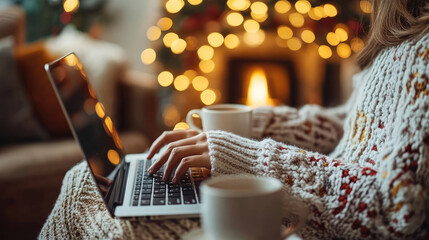 Person typing digital Christmas greeting on laptop at cozy home, cup of coffee nearby, eco-friendly communication, sustainable holiday message, copy space